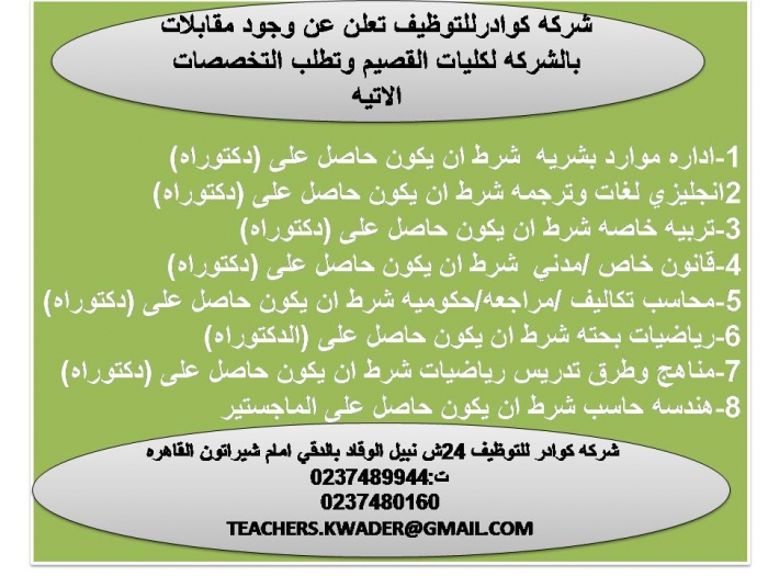 للمدرسين راغبي العمل بكليات القصيم تعلن عن وجود فرص عمل للتخصصات